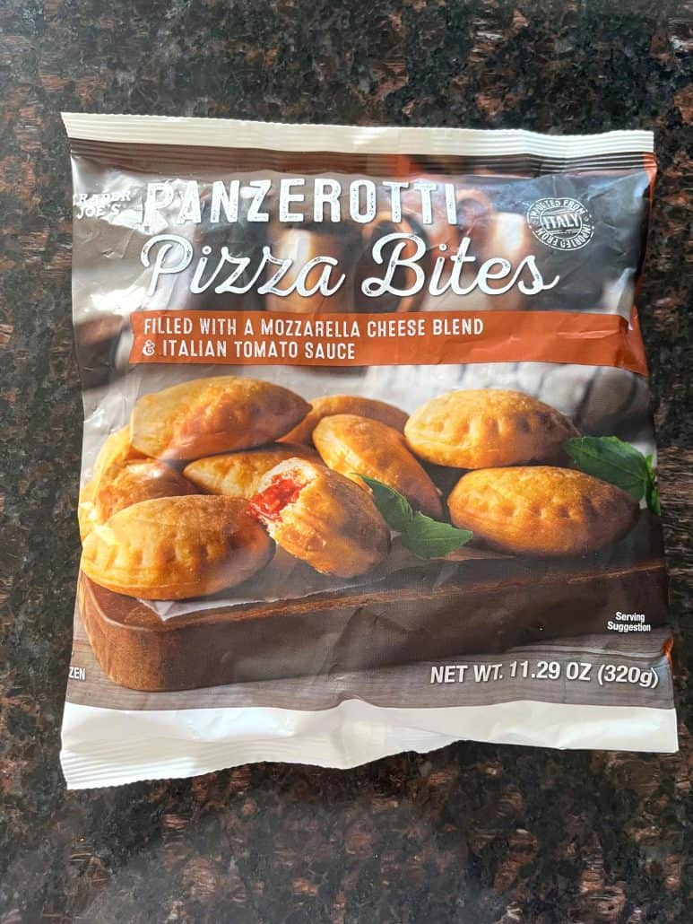 Package of Trader Joe’s Panzerotti Pizza Bites placed on a kitchen counter—featured in this air fryer recipe for a quick and crispy snack made straight from frozen.