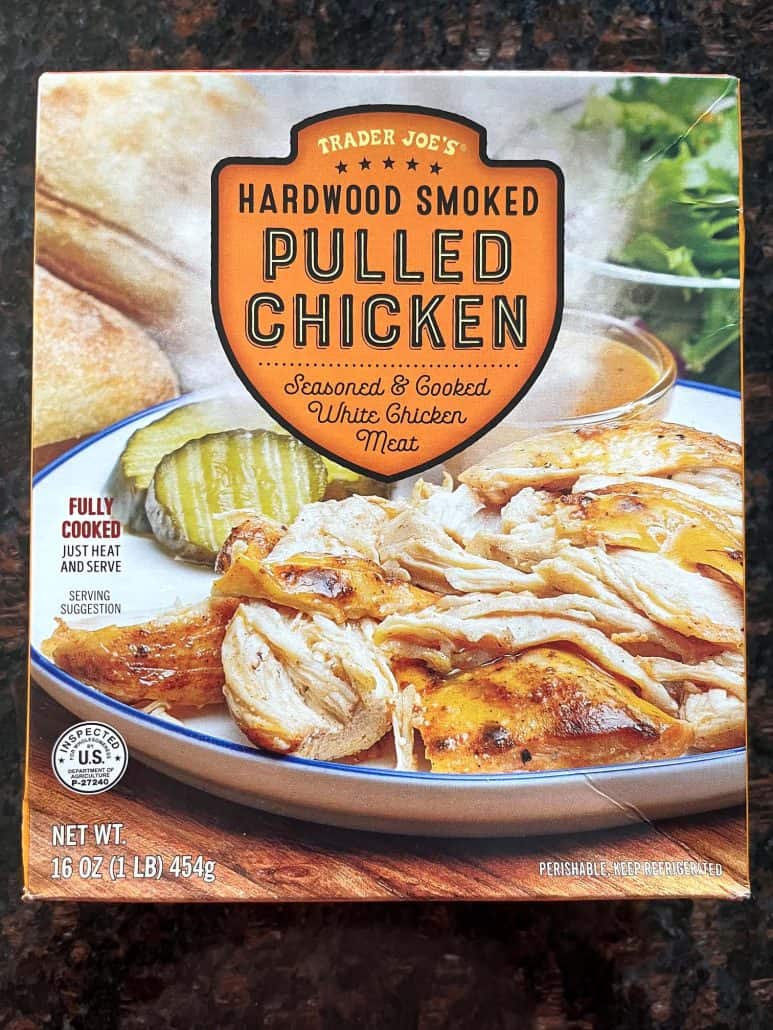 Package of Trader Joe’s Hardwood Smoked Pulled Chicken, used in the air fryer recipe for a quick and flavorful meal.