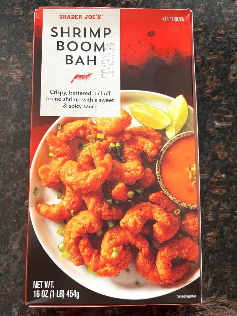 Box of Trader Joe’s Shrimp Boom Bah, used in the easy air fryer recipe for a crispy, sweet and spicy shrimp dish.