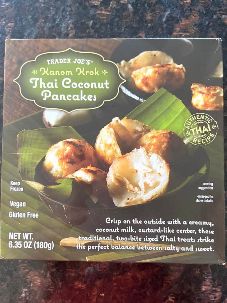 Close-up of the Trader Joe’s Thai Coconut Pancakes (Kanom Krok) box, showing the product packaging used in this easy air fryer dessert recipe.