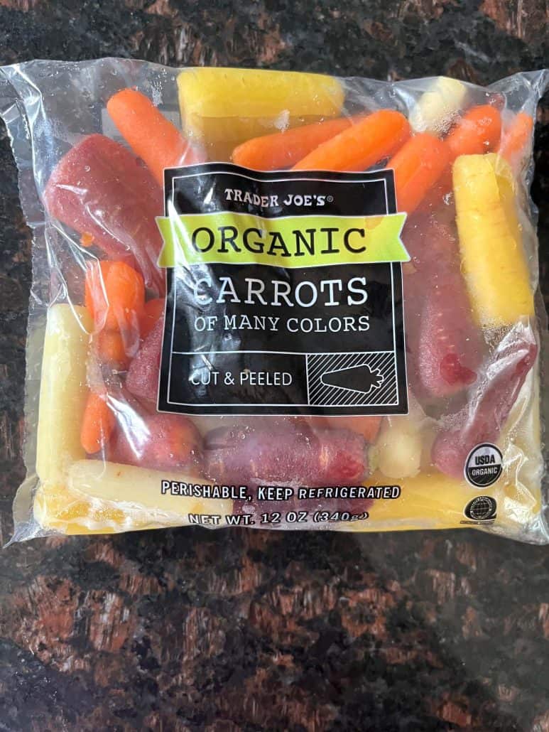 Bag of Trader Joe’s organic tri-color baby carrots used as the main ingredient in the Oven Roasted Tri-Color Carrots Recipe.
