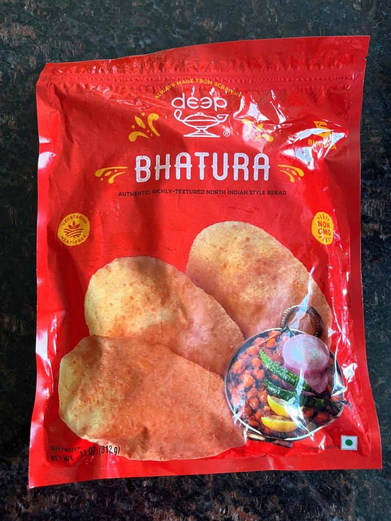 Package of frozen bhatura used in the air fryer recipe—no defrosting needed for perfectly puffed Indian flatbread in minutes.