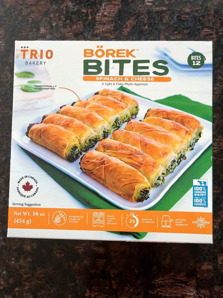 Front of the frozen borek bites package used in the Air Fryer Frozen Borek Bites recipe, showing spinach and cheese-filled pastries ready to air fry.
