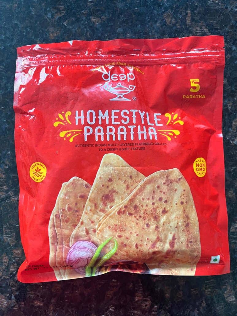Package of frozen homestyle paratha on a kitchen counter—this is the brand used in the air fryer recipe for a quick and crispy Indian flatbread.