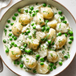 Creamy dish of baby potatoes and peas with a rich sauce, perfect for a comforting side dish.