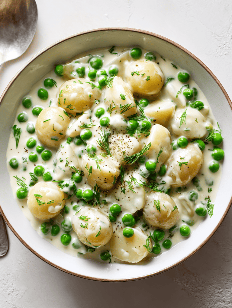 Creamy dish of baby potatoes and peas with a rich sauce, perfect for a comforting side dish.