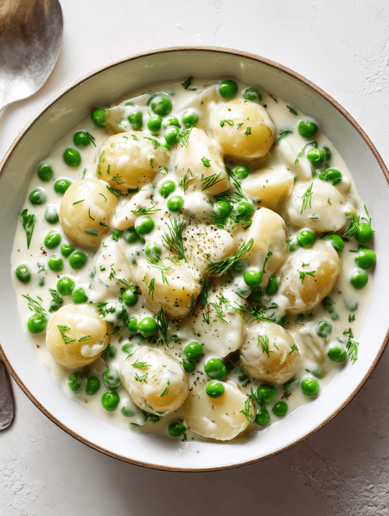 Creamy dish of baby potatoes and peas with a rich sauce, perfect for a comforting side dish.