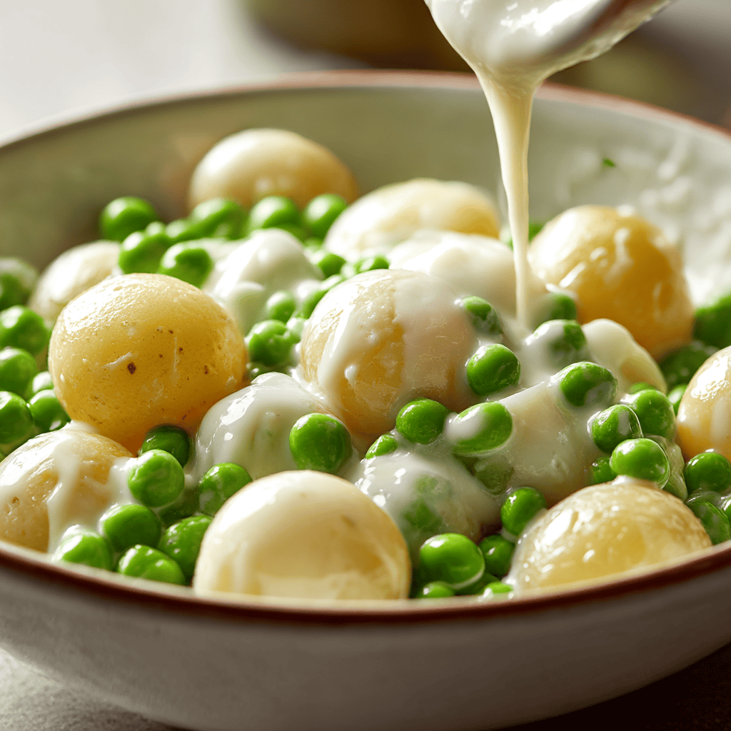 Creamy sauce being poured over tender baby potatoes and peas, showcasing the rich, comforting texture.