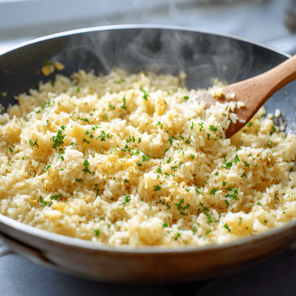 Steamy garlic butter rice being stirred in a skillet, topped with fresh chives.