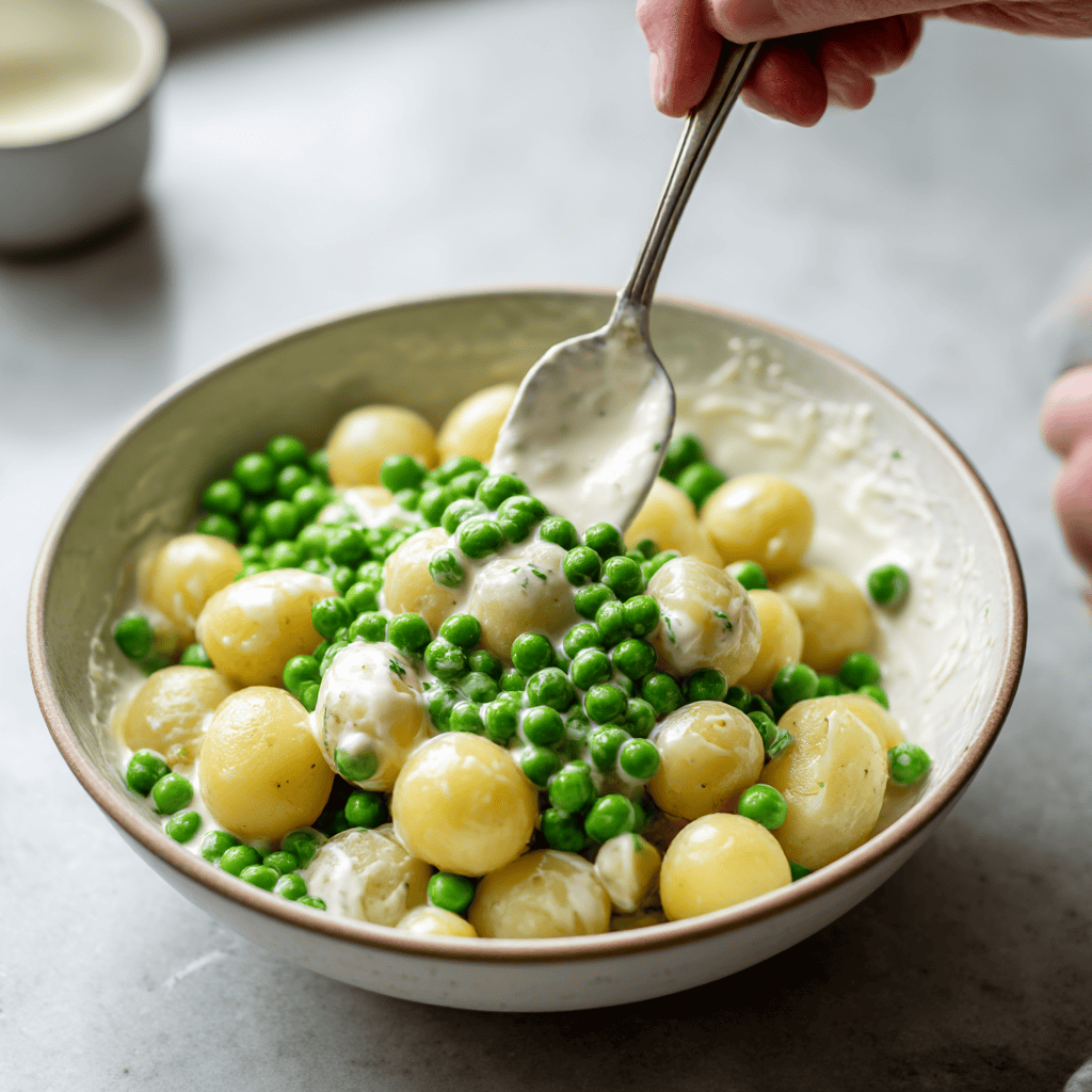 A spoon is gently stirring the creamy sauce with baby potatoes and peas, showcasing the delicious texture.