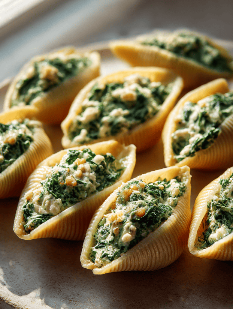 Unbaked jumbo pasta shells filled with a spinach and ricotta mixture, prepped and ready to be assembled.