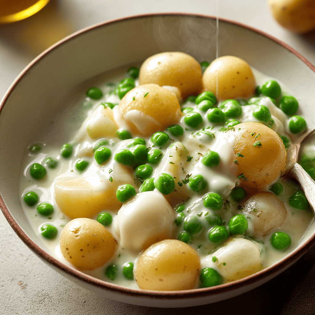A close-up of creamy baby potatoes and peas in a rich sauce, garnished with a hint of seasoning, ready to be serve.