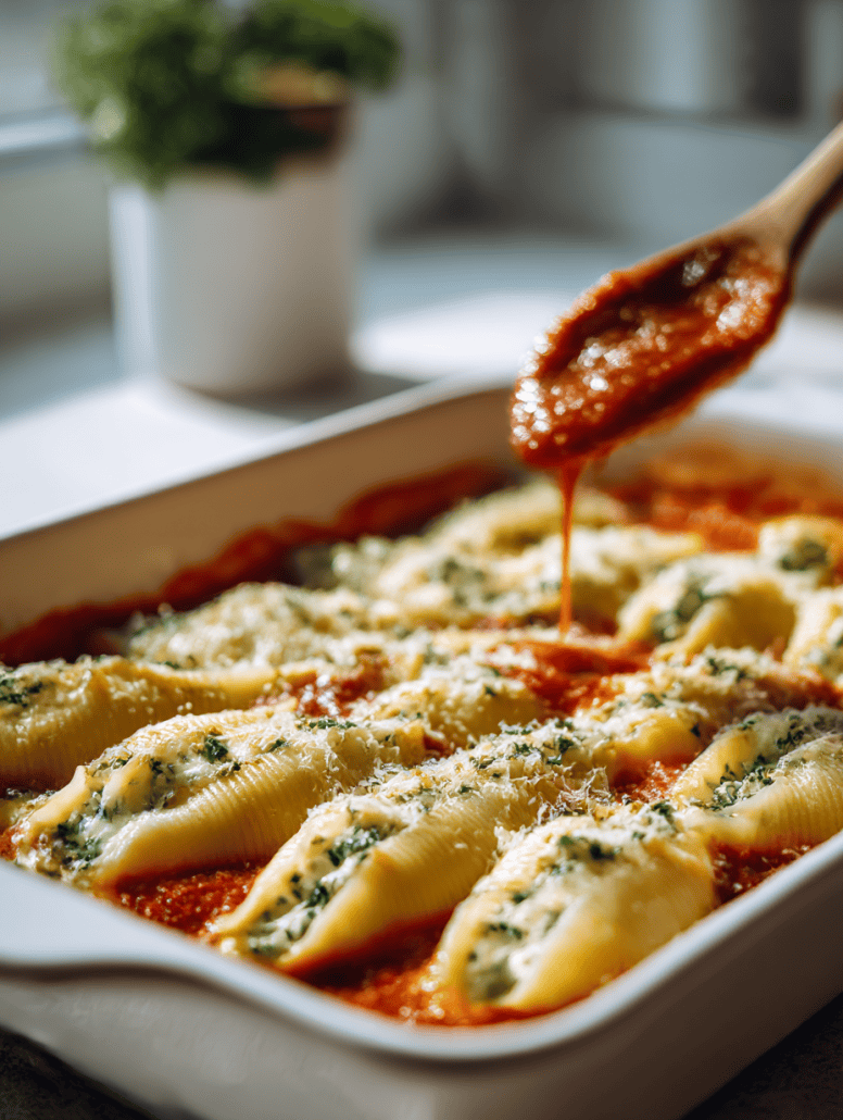 Stuffed pasta shells arranged in a baking dish while marinara sauce is being spooned on top.