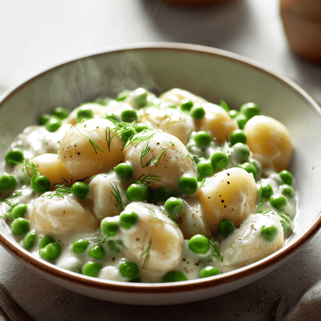 A bowl of creamy baby potatoes and peas, garnished with fresh dill, showcasing the comforting Creamed Peas and Baby Potatoes dish ready to serve.