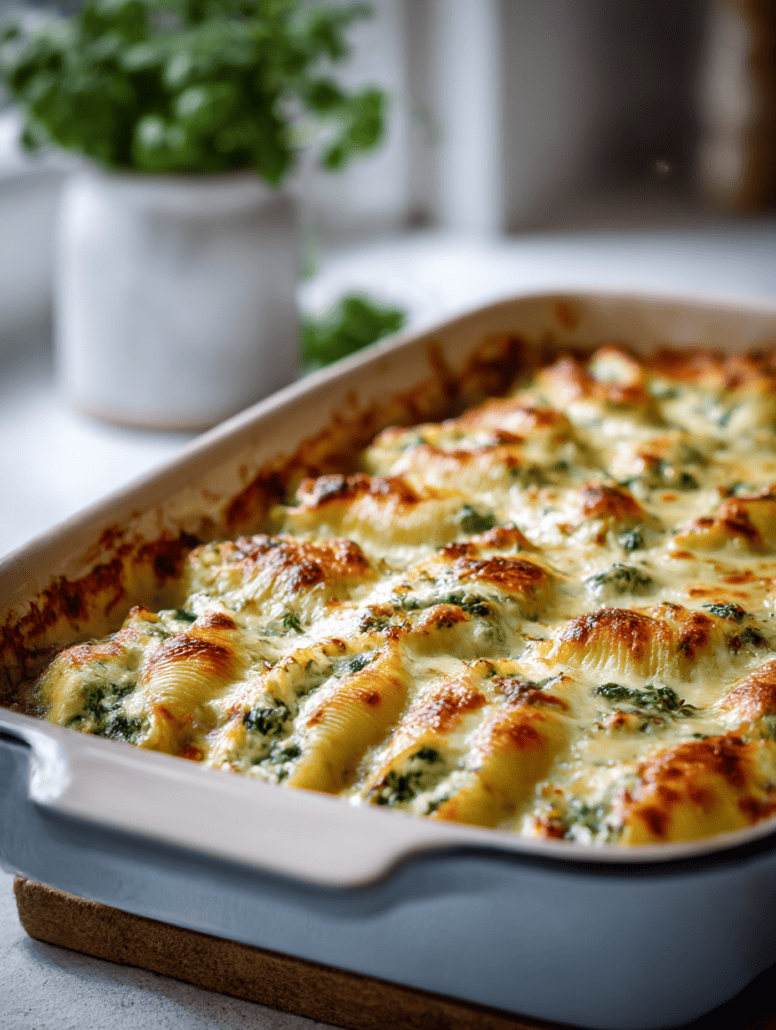 Golden and bubbly spinach and ricotta stuffed shells fresh out of the oven—showcasing the final baked result of the featured Italian dinner recipe.