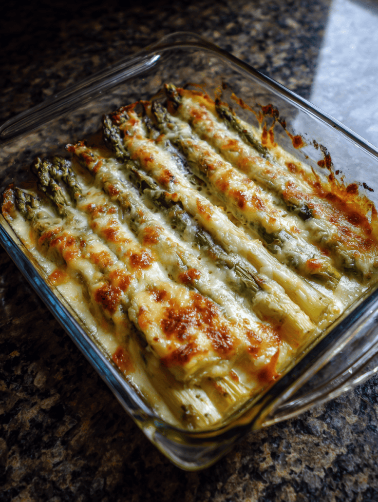 Side view of cheesy baked asparagus in a glass dish, showing melted golden mozzarella on top.