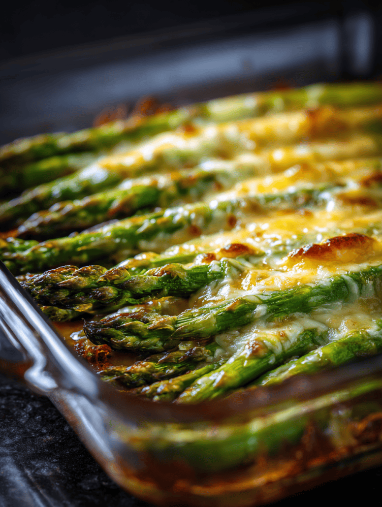 Close-up of cheesy baked asparagus fresh out of the oven, with bubbling golden mozzarella—highlighting the irresistible texture of this easy vegetable side dish from the recipe.