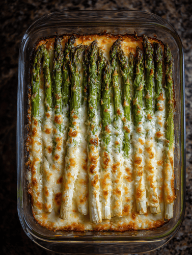 Cheesy baked asparagus in a glass baking dish, fresh from the oven, with golden melted mozzarella.