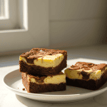 Cheesecake brownies with a marbled chocolate and cheesecake topping, served on a plate.