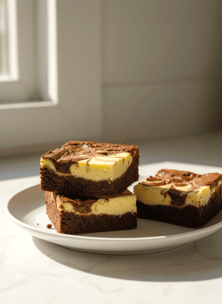 Cheesecake brownies with a marbled chocolate and cheesecake topping, served on a plate.