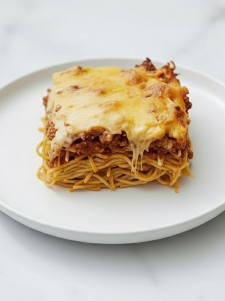 A serving of baked spaghetti, with layers of pasta, ground meat sauce, and melted cheese.