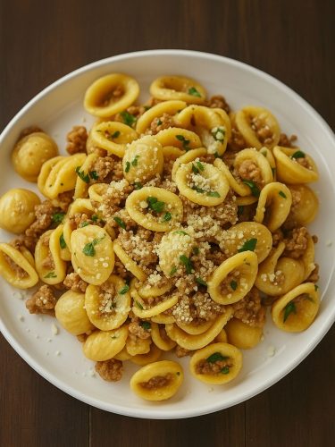 One Pan Orecchiette Pasta - Quick & Easy Dinner Recipe A white plate filled with one-pan orecchiette pasta tossed with browned sausage, Parmesan cheese, and fresh parsley.