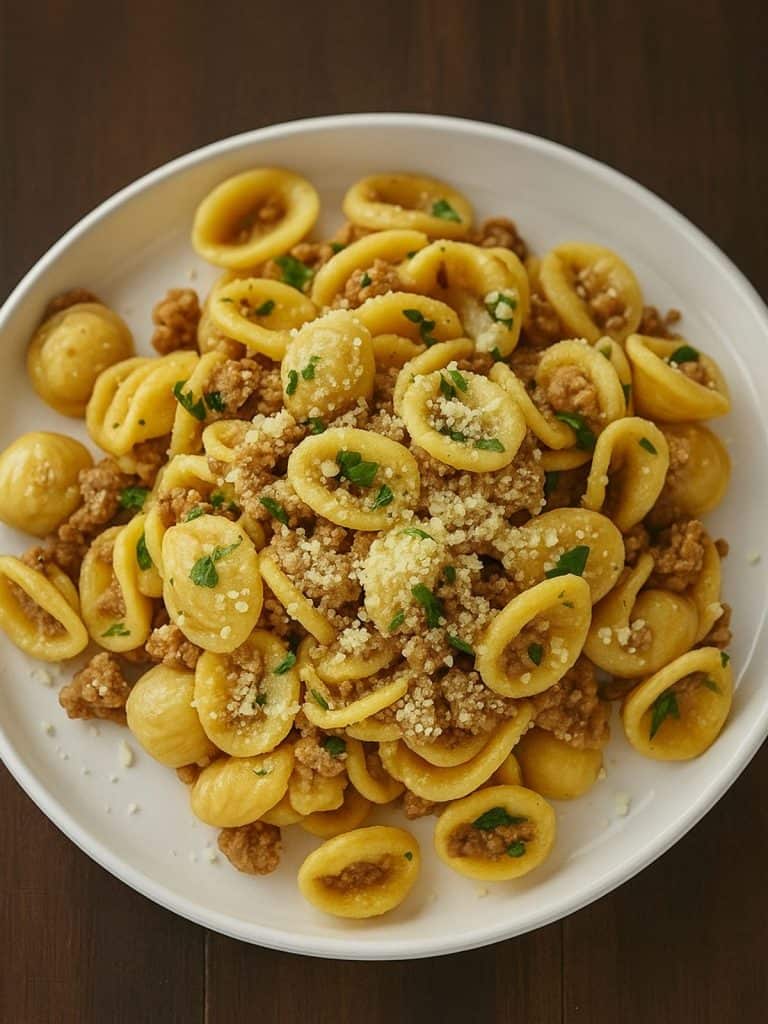 A white plate filled with one-pan orecchiette pasta tossed with browned sausage, Parmesan cheese, and fresh parsley.