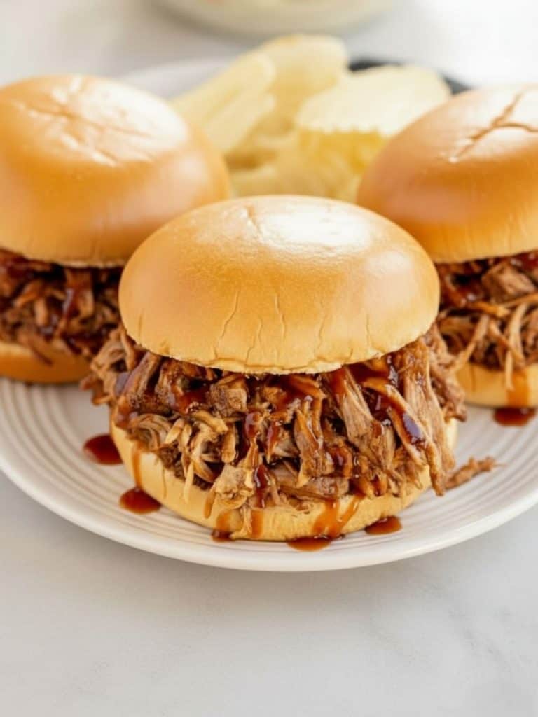 Slow cooker Texas pulled pork sandwiches served on toasted buns with barbecue sauce.