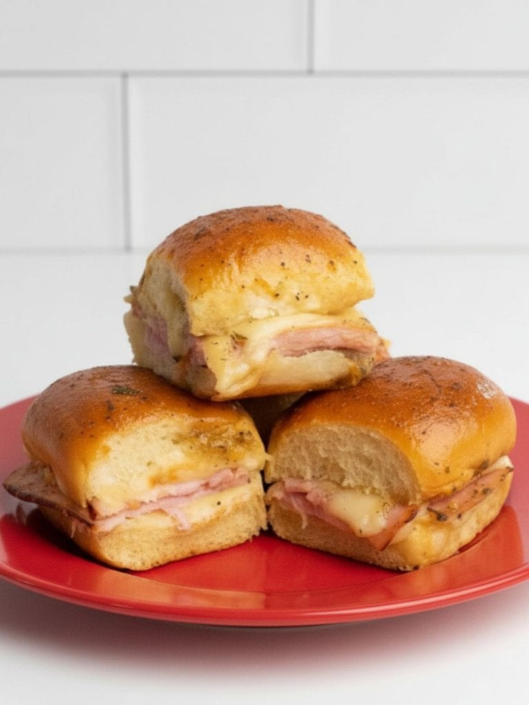 Baked ham and cheese sliders stacked on a red plate, showing their golden tops and melted cheese filling.