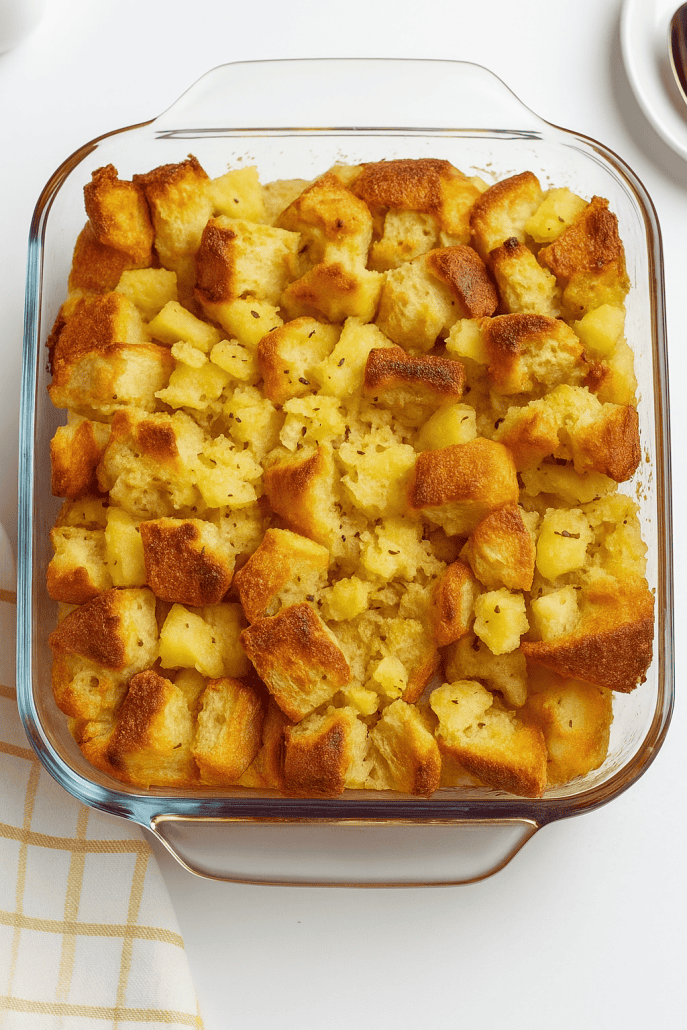 Golden baked pineapple stuffing in an 8x8 glass dish, perfectly crisp on top.