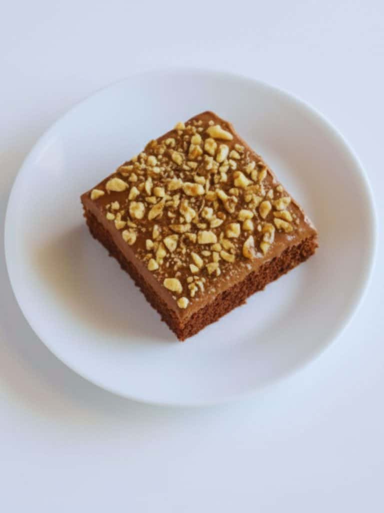 A slice of Texas Sheet Cake topped with chopped walnuts on a white plate, showing the fudgy icing and moist texture.