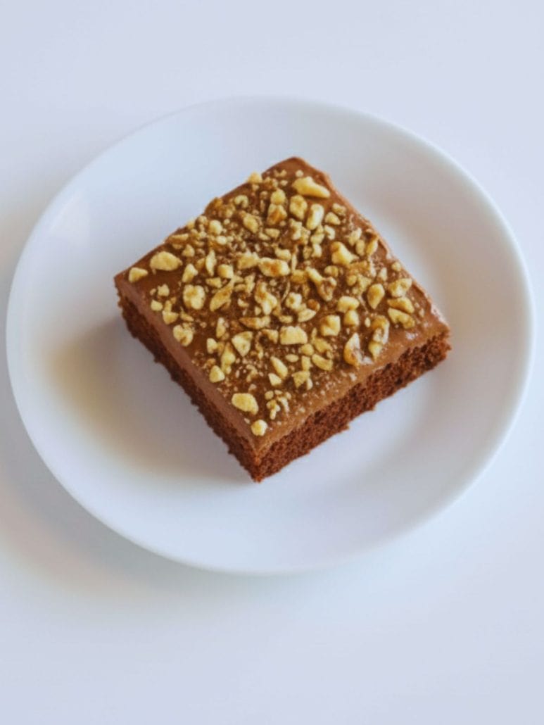 A slice of Texas Sheet Cake topped with chopped walnuts on a white plate, showing the fudgy icing and moist texture.