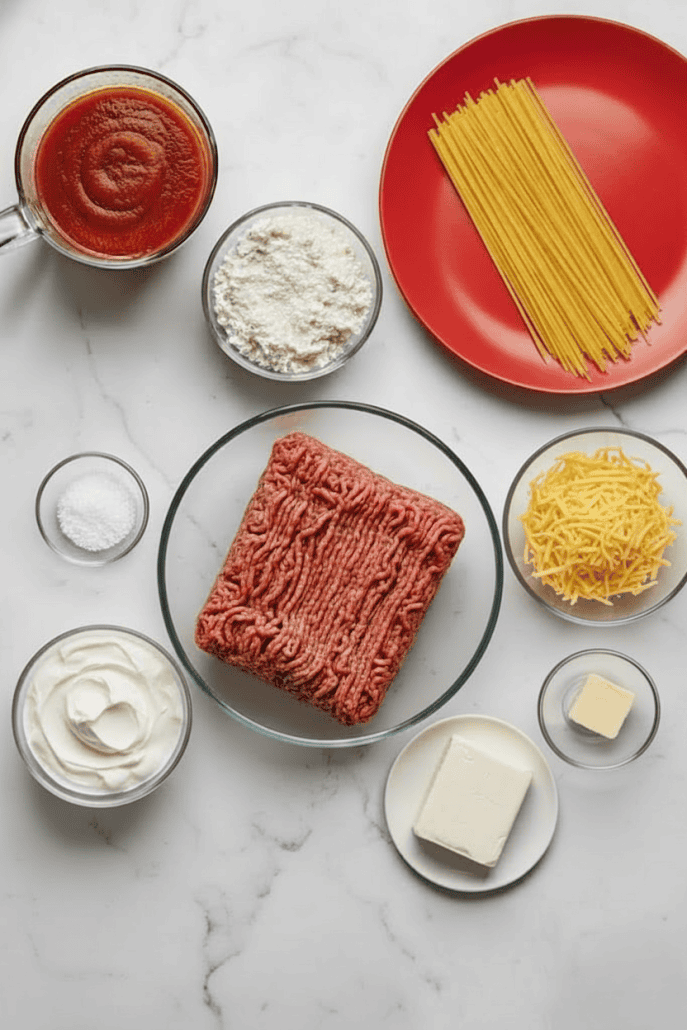All the ingredients for a baked spaghetti dish, including spaghetti noodles, ground meat, tomato sauce, cottage cheese, cream cheese, shredded cheddar, butter, and salt, arranged neatly in bowls and containers.