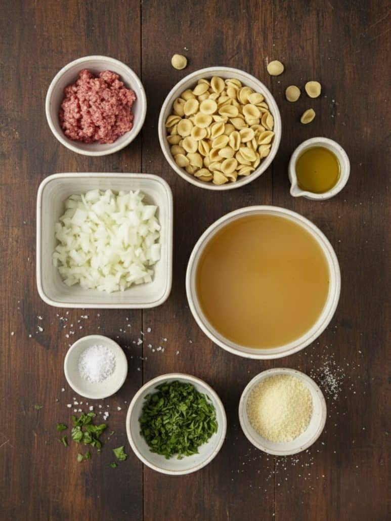 Ingredients for one-pan orecchiette pasta arranged on a wooden table, including pasta, sausage, diced onion, chicken broth, olive oil, Parmesan cheese, and fresh herbs.
