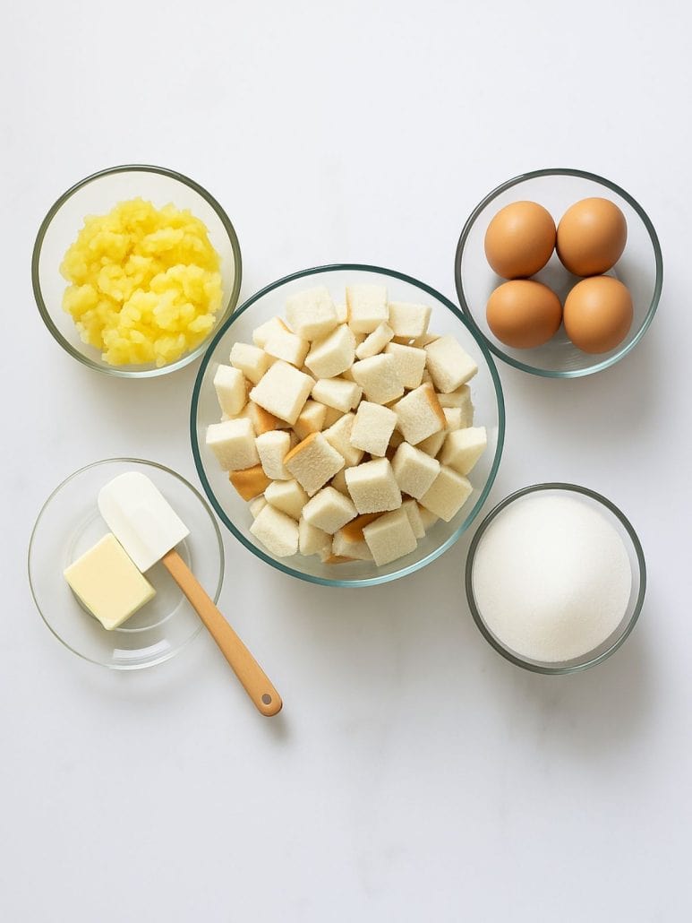 Ingredients for pineapple stuffing laid out in bowls—cubed bread, crushed pineapple, eggs, sugar, butter—ready to make the sweet and savory holiday side dish.