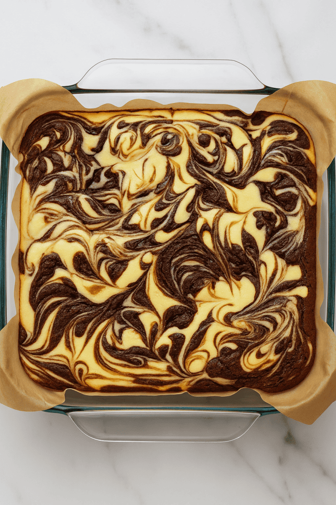 A top-down view of marbled cheesecake brownies, showcasing the creamy cheesecake swirled.