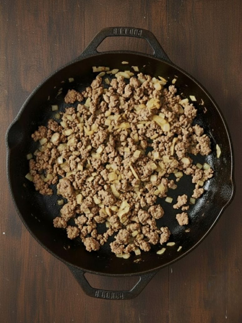Ground sausage and sautรฉed onions cooking in a black skillet โ the flavorful base for a one-pan orecchiette pasta recipe.
