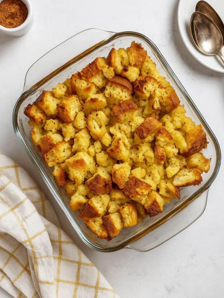 Freshly baked pineapple stuffing in a glass dish, golden and crisp on top, ready to serve.