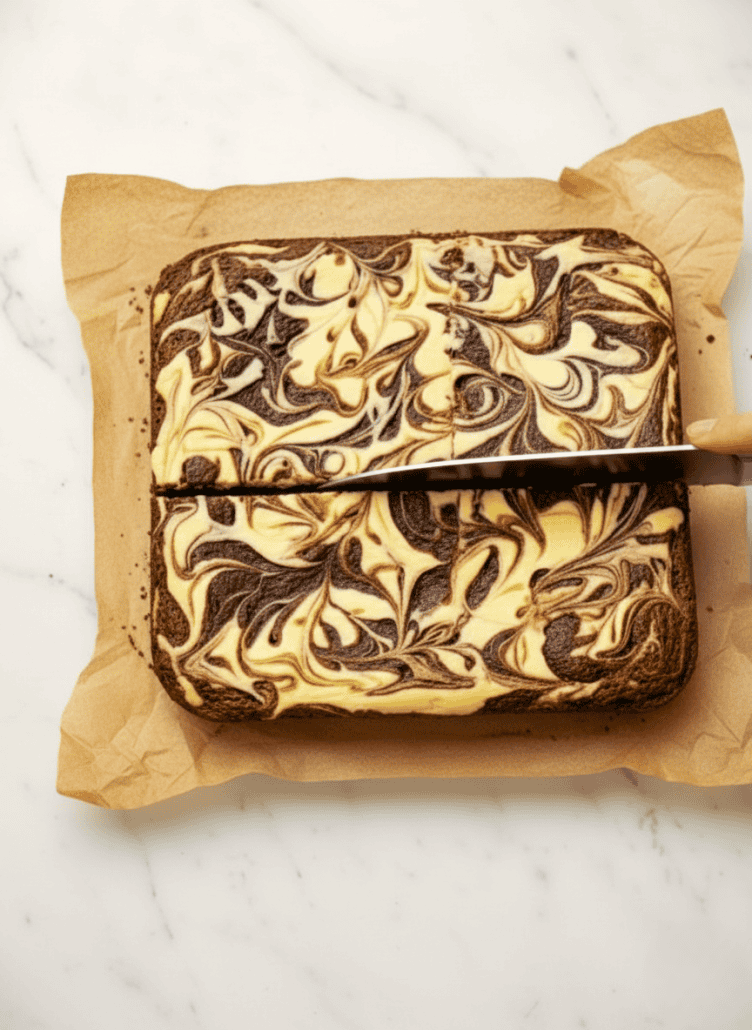 A hand slicing freshly baked marbled cheesecake brownies, showcasing the smooth, swirled layers of cheesecake and brownie.