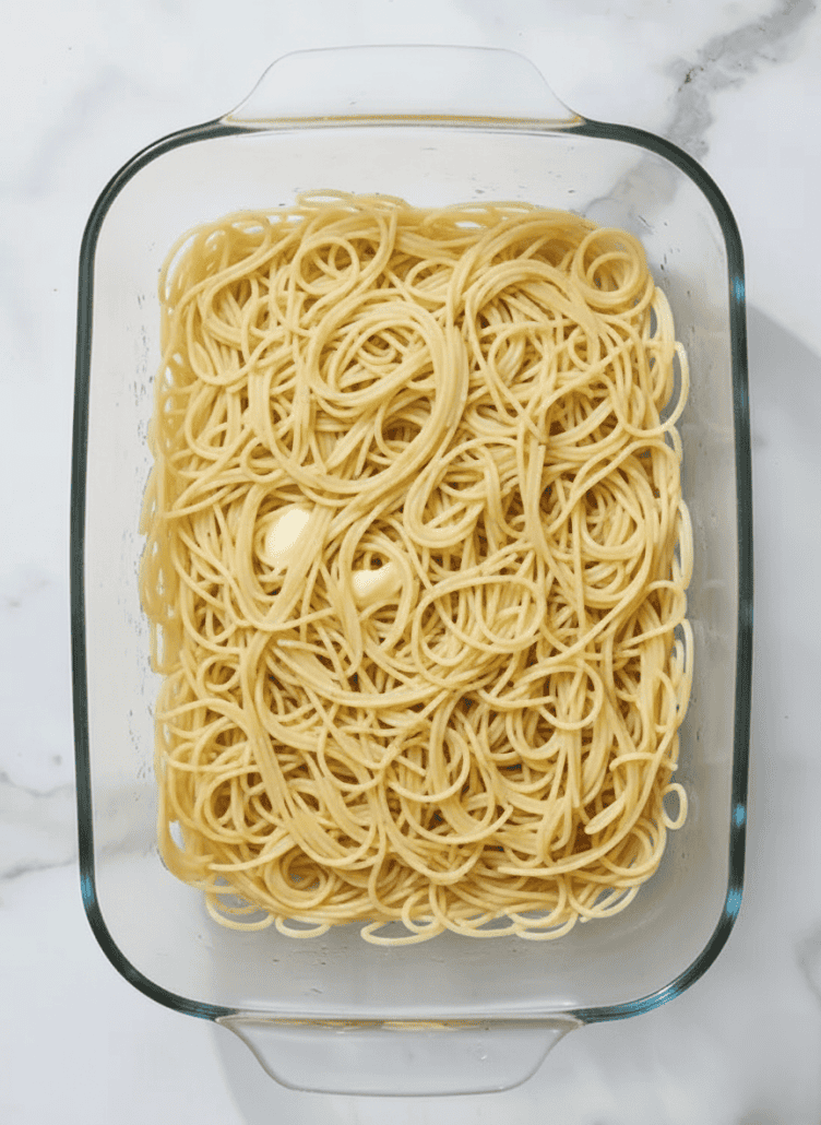 A glass baking dish with a layer of cooked spaghetti noodles, ready to be topped with cheese and meat sauce for the baked spaghetti casserole.