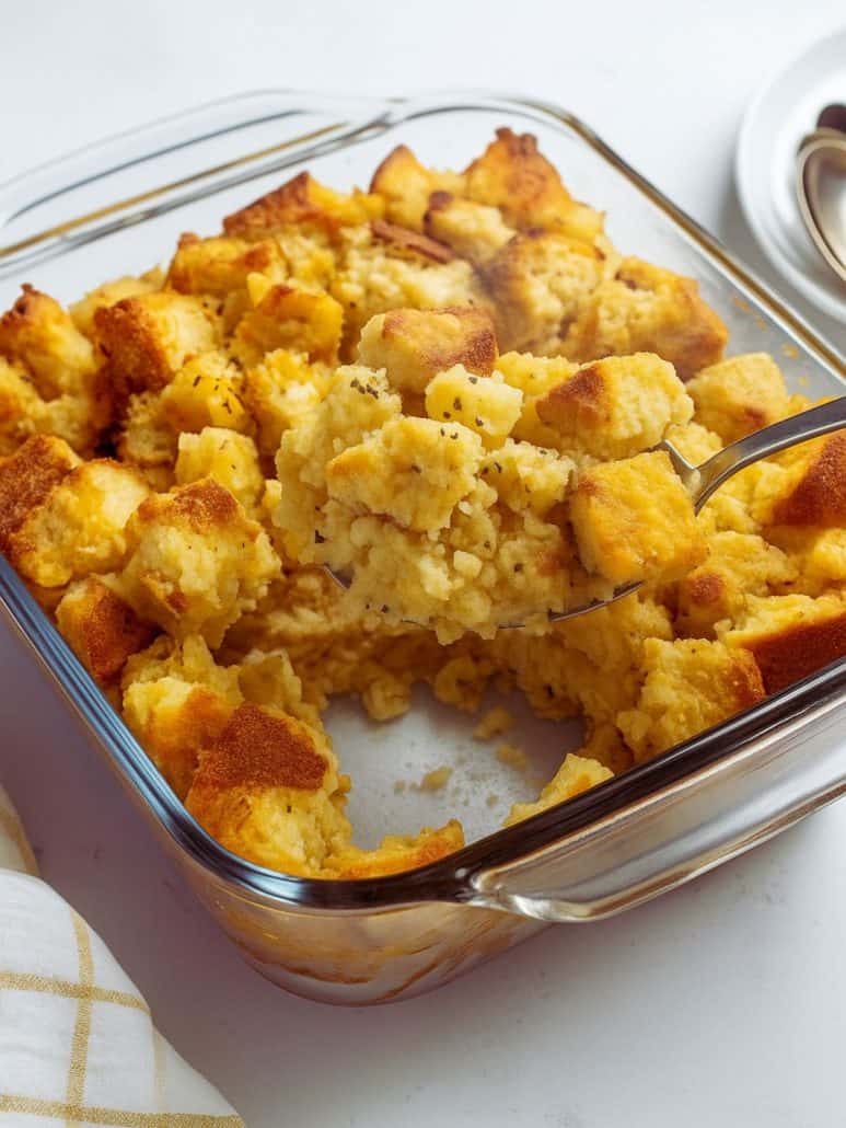 Glass baking dish of pineapple stuffing with a serving scooped out, showing the fluffy, golden interior.