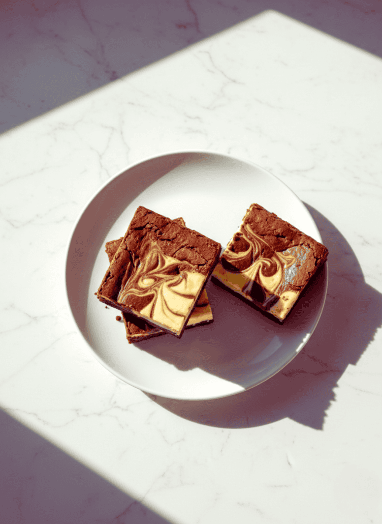 Three marbled cheesecake brownies on a white plate, beautifully lit with natural light, showcasing their rich, swirled layers of chocolate and cheesecake.