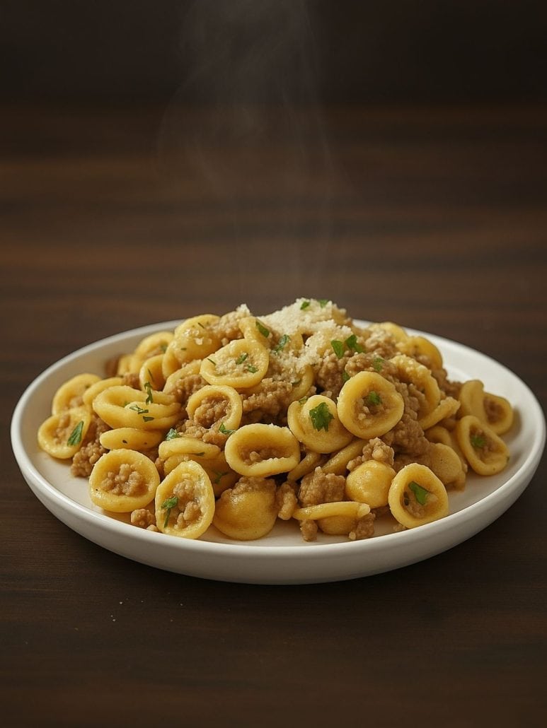 A steaming plate of orecchiette pasta with sausage, topped with Parmesan cheese and fresh parsley.