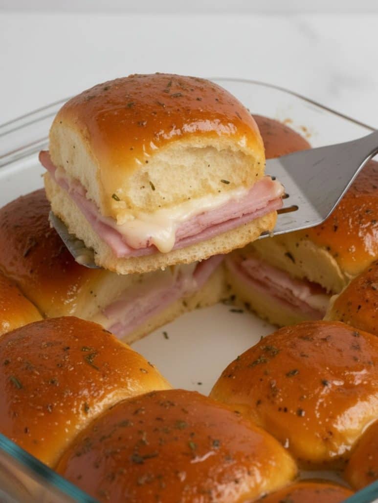 A freshly baked ham and cheese slider being lifted from a baking dish, showing layers of melted cheese and sliced ham inside a golden, buttery roll.
