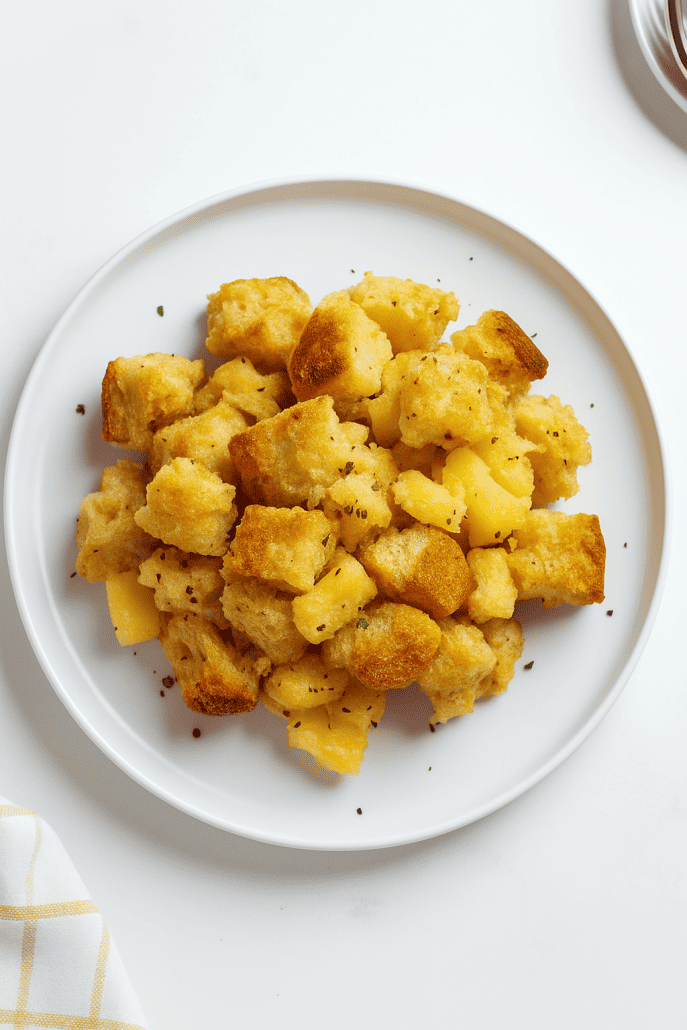 Serving of golden pineapple stuffing on a white plate, showcasing the fluffy texture and sweet baked flavor.