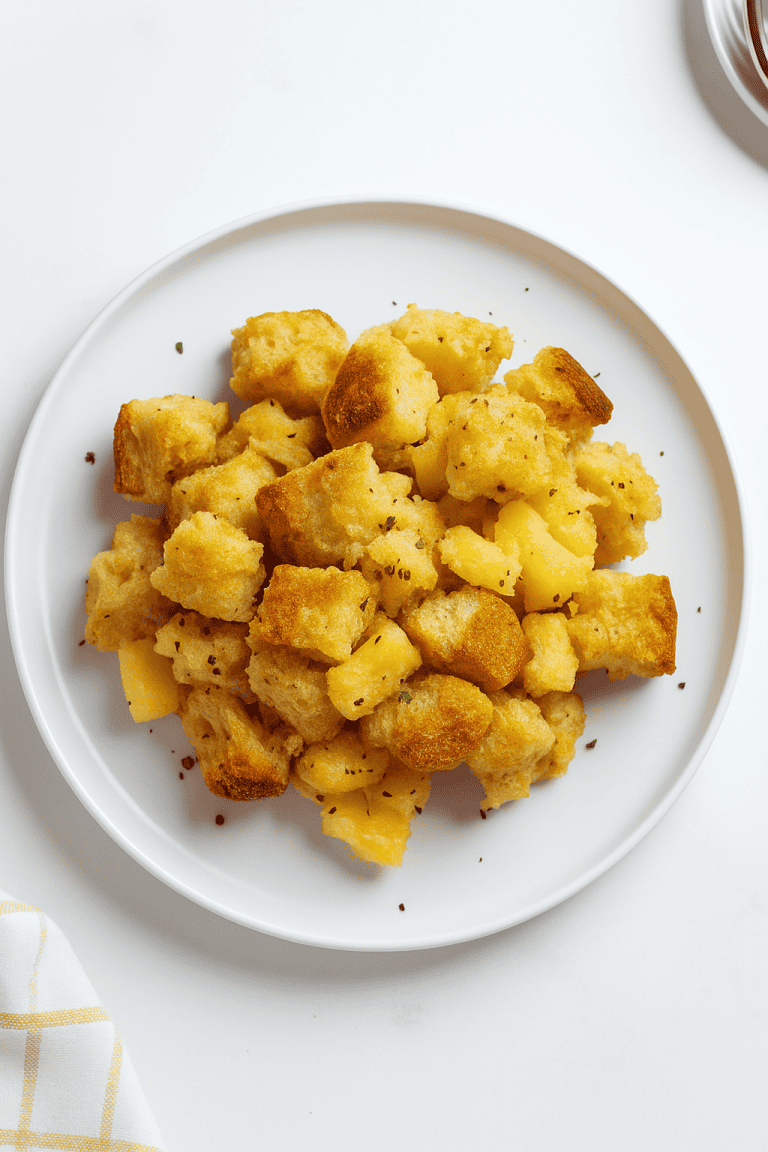 Serving of golden pineapple stuffing on a white plate, showcasing the fluffy texture and sweet baked flavor.
