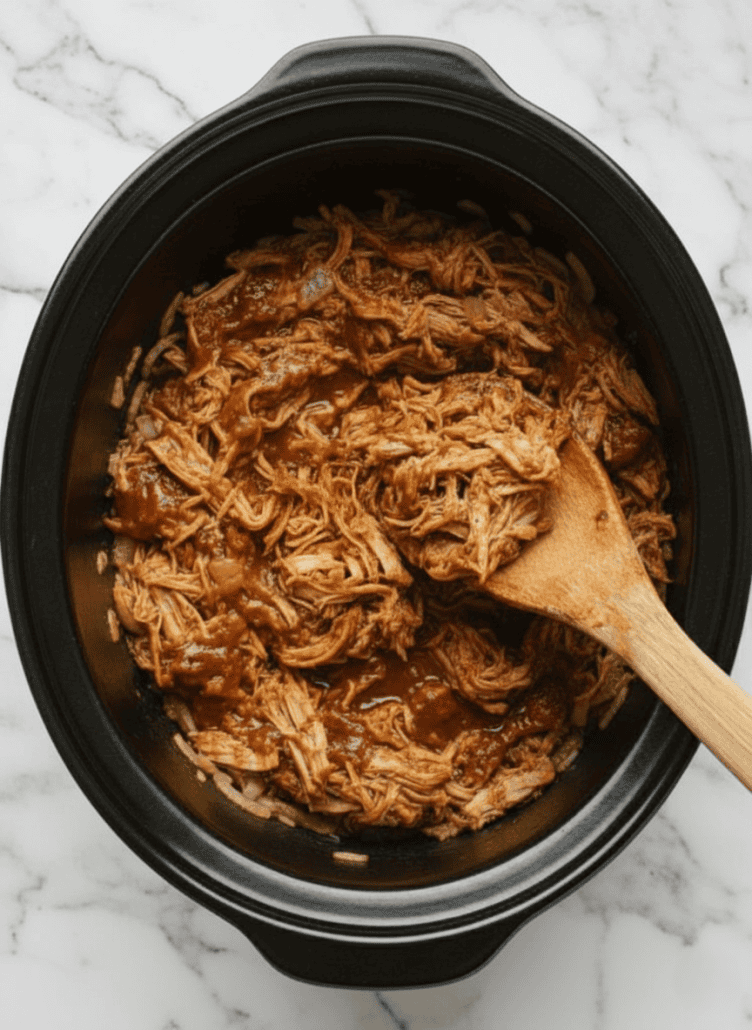 Shredded Texas pulled pork mixed with barbecue sauce in a slow cooker, shown after cooking and ready for serving.