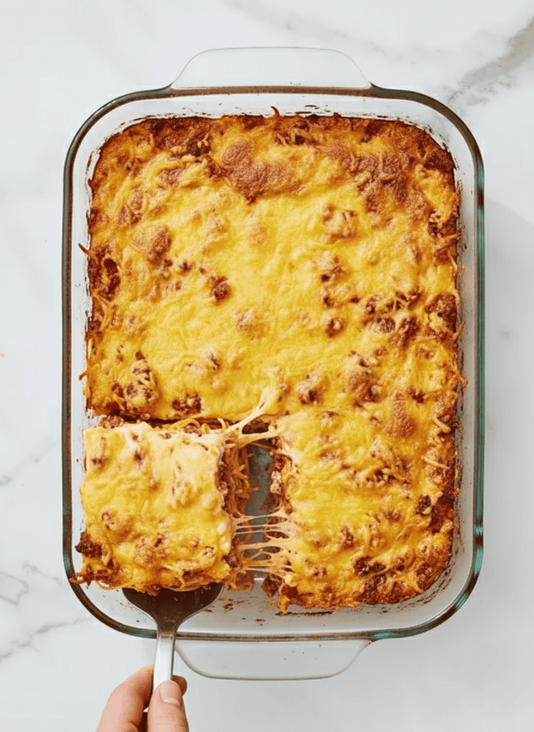 A golden, bubbly baked spaghetti dish with melted cheese on top, and a portion being served with a spatula