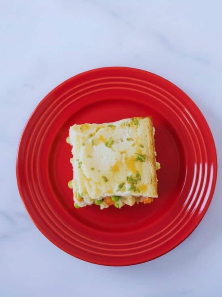 Square slice of chicken cobbler served on a red plate, featuring a golden biscuit crust and creamy chicken filling with vegetables.