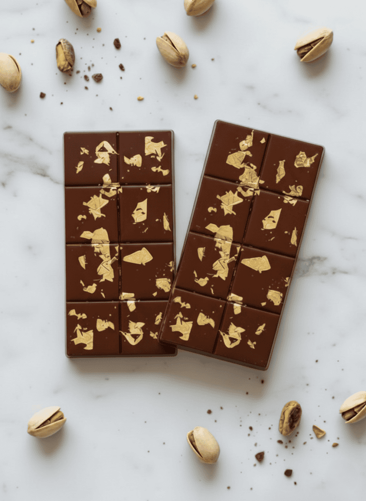 Finished Dubai chocolate bars decorated with gold lustre dust, ready to serve with their crunchy pistachio filling inside.